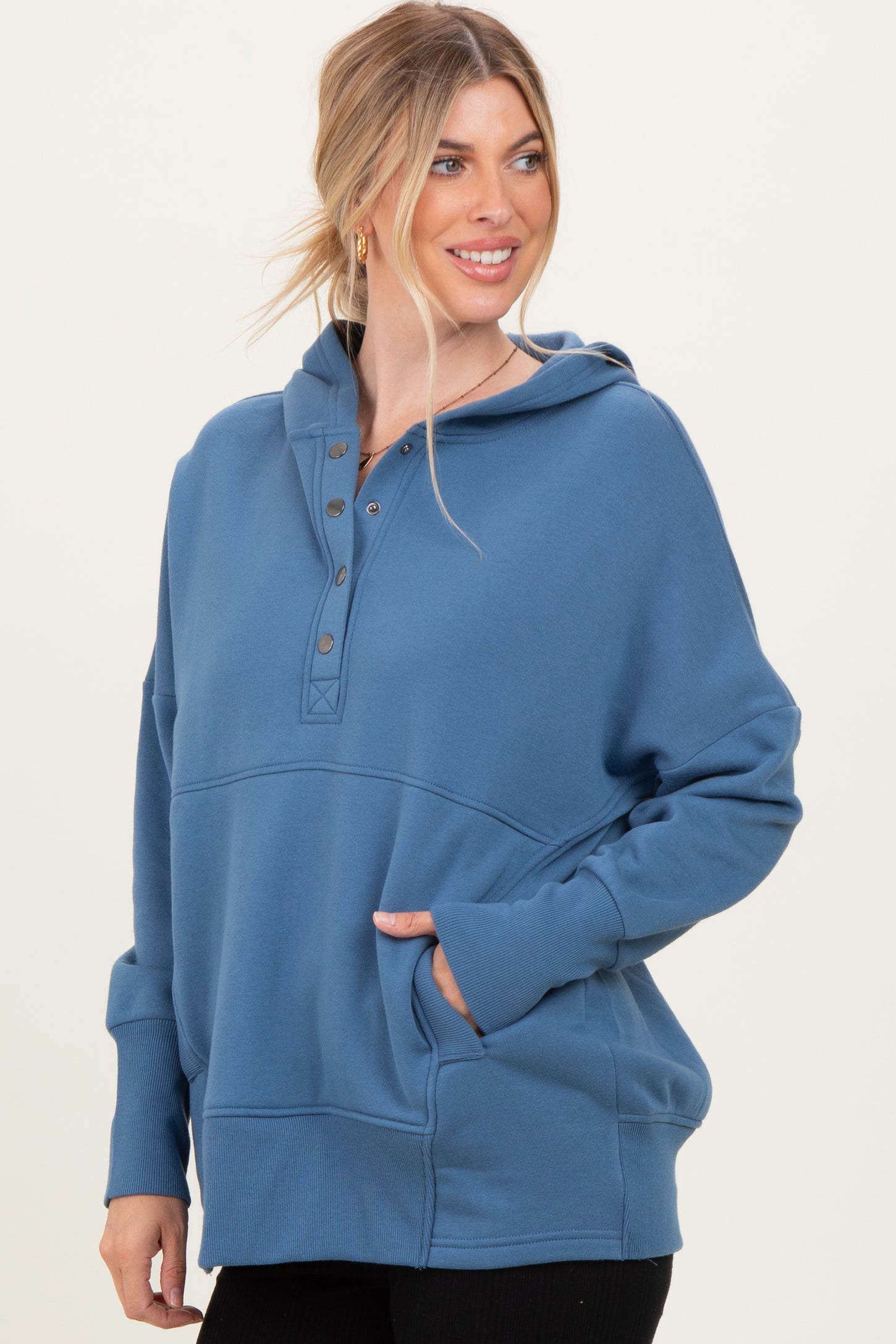 Dusty Blue Fleece Snap Button Hoodie