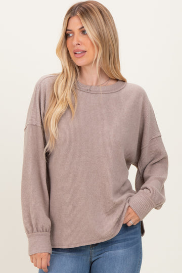 Beige Brushed Ribbed Knit Pullover