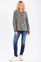 Sage Ribbed Animal Print Contrast Trim Pullover