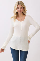 Cream Waffle Rib Knit Henley Top