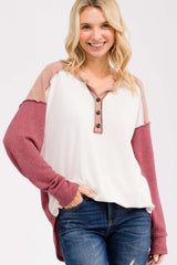Burgundy Waffle Knit Colorblock Top