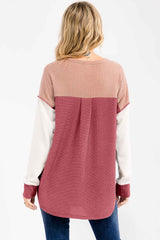 Burgundy Colorblock Relaxed Waffle Knit Henley
