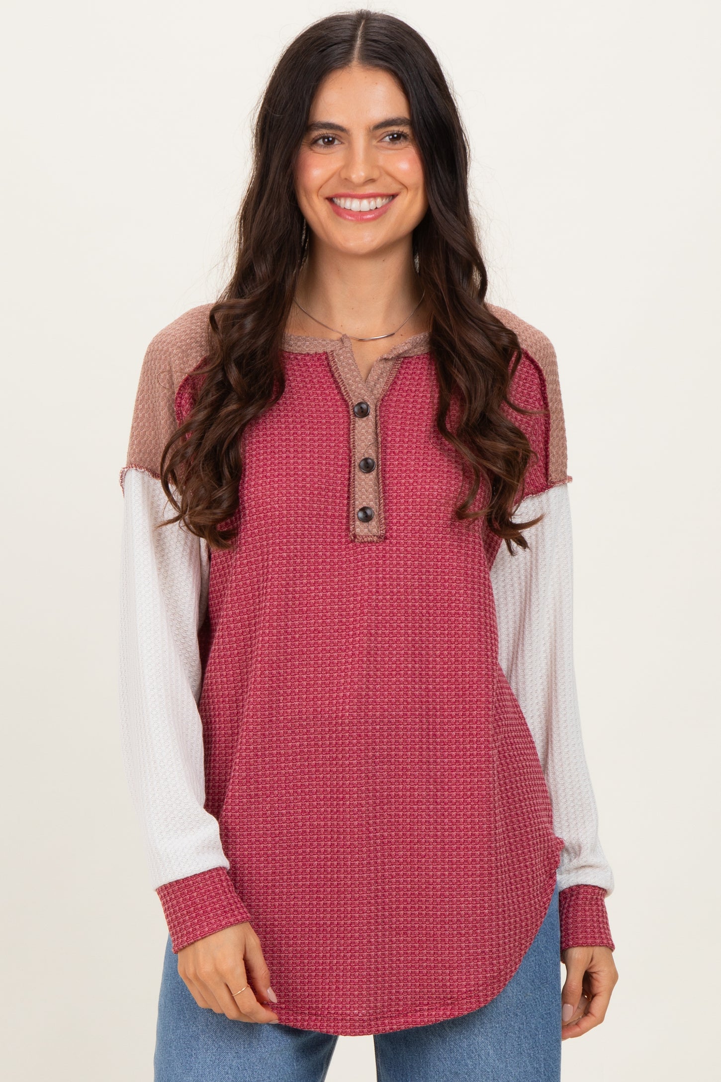 Burgundy Colorblock Relaxed Waffle Knit Maternity Henley