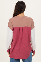 Burgundy Colorblock Relaxed Waffle Knit Henley
