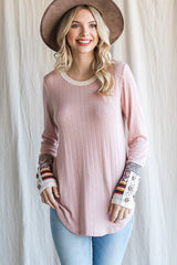 Light Pink Colorblock Print Detail Long Sleeve Top