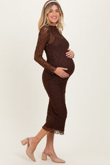 Brown Lace Overlay Fitted Maternity Midi Dress