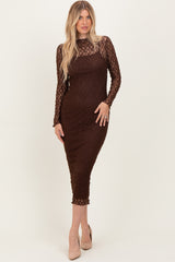 Brown Lace Overlay Fitted Midi Dress