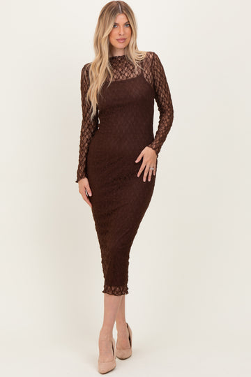 Brown Lace Overlay Fitted Midi Dress
