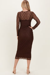 Brown Lace Overlay Fitted Midi Dress