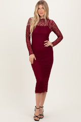 Burgundy Lace Overlay Fitted Midi Dress