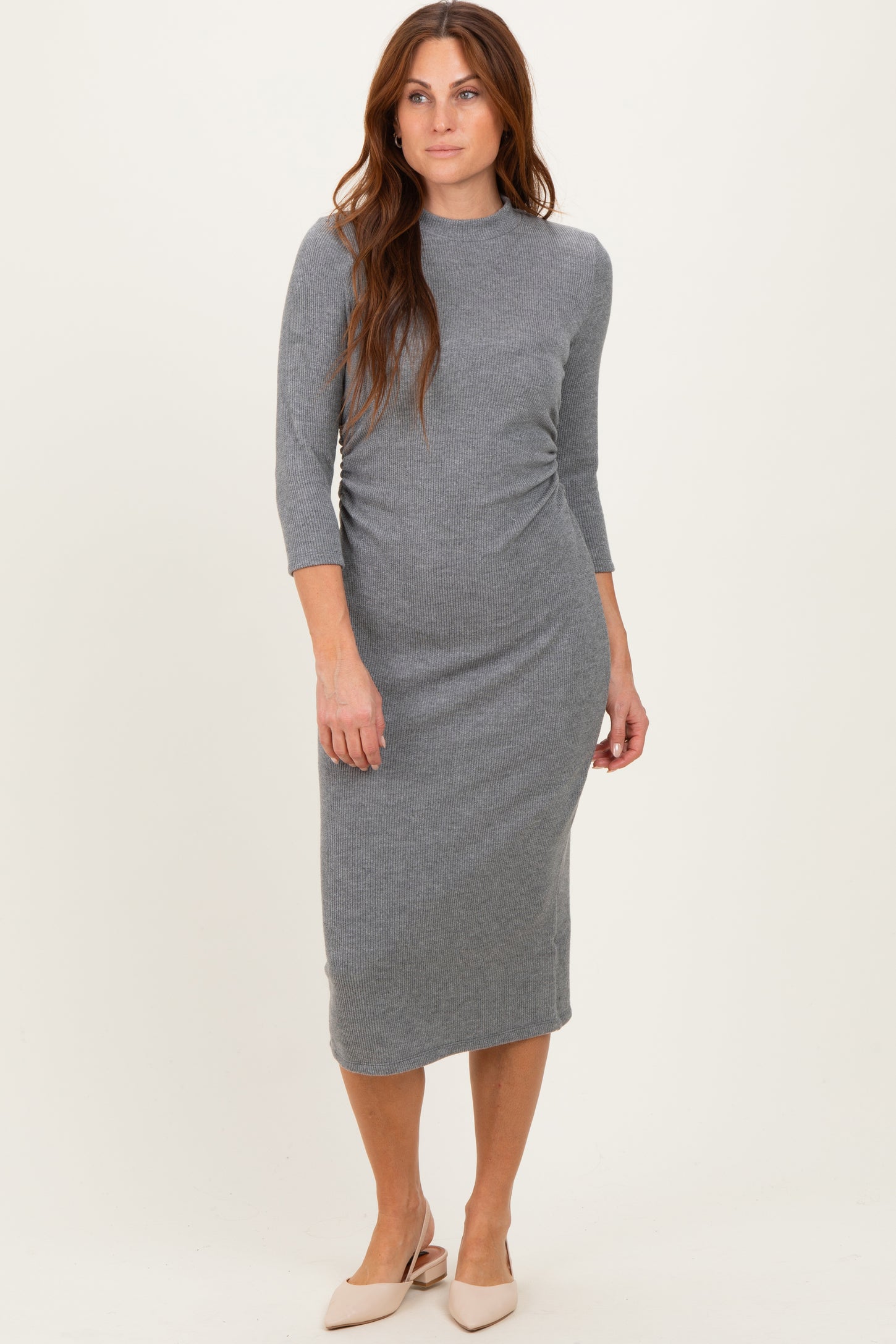 Charcoal Ribbed Knit Mock Neck Long Sleeve Ruched Maternity Dress