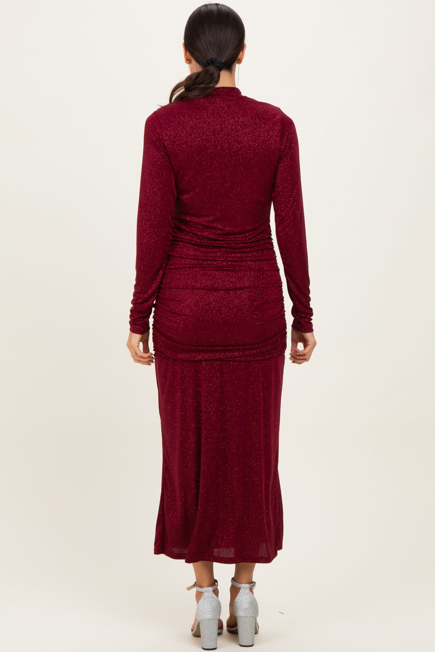 Burgundy Sequin Long Sleeve Mock Neck Maxi Dress