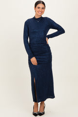 Navy Sequin Long Sleeve Mock Neck Maternity Maxi Dress