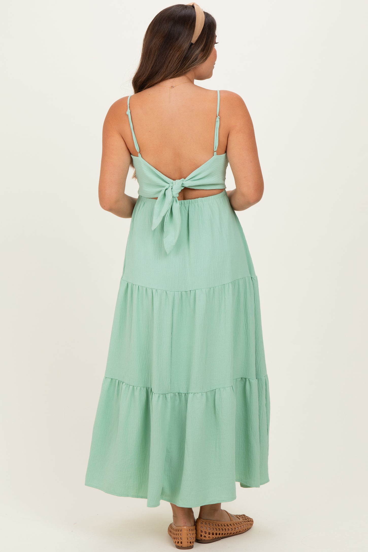 Sage Green Tiered Cutout Tie Back Maternity Midi Dress