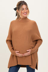 Camel Mock Neck Oversized Sir Slit Maternity Sweater Top
