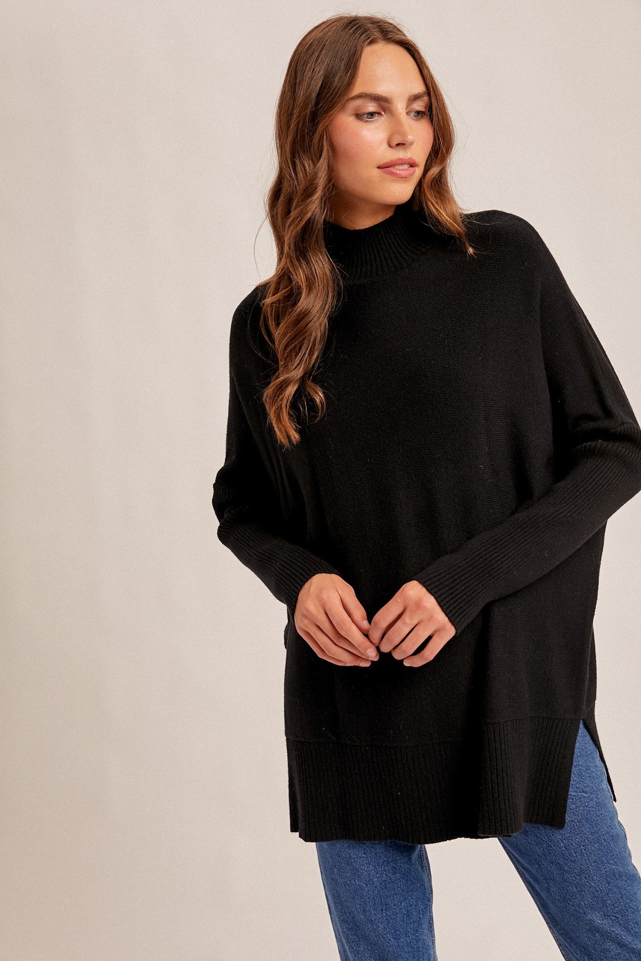 Black Mock Neck Oversized Sir Slit Maternity Sweater Top