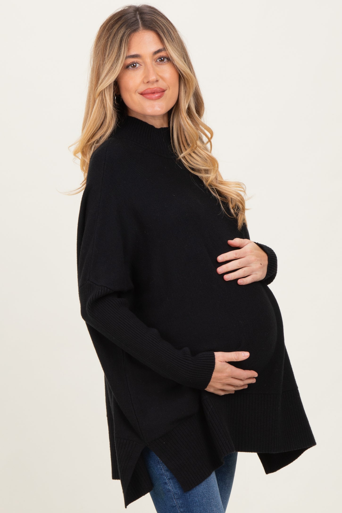 Black Mock Neck Oversized Sir Slit Maternity Sweater Top