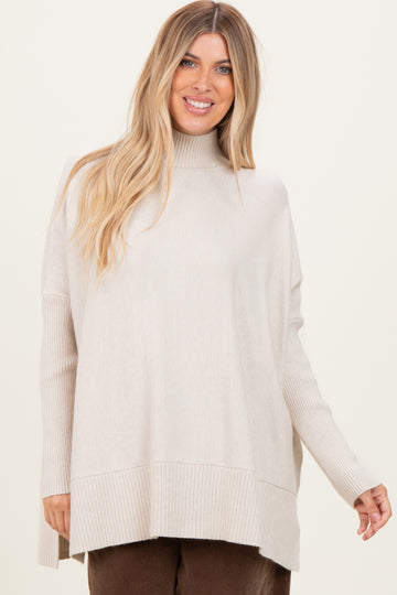 Cream Mock Neck Oversized Sir Slit Sweater Top