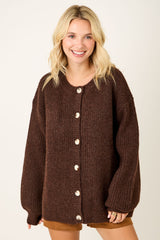 Brown Knit Oversized Button Cardigan