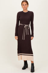 Brown Ribbed Midi Sweater Dress With Belt