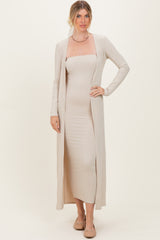 Taupe Ribbed Sleeveless Dress Cardigan Set