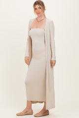 Taupe Ribbed Sleeveless Dress Cardigan Set