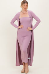 Violet Ribbed Sleeveless Dress Cardigan Set