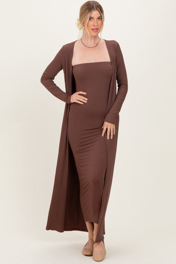 Brown Ribbed Sleeveless Dress Cardigan Set