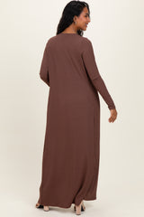 Brown Ribbed Sleeveless Dress Cardigan Maternity Set