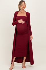 Burgundy Ribbed Sleeveless Dress Cardigan Maternity Set