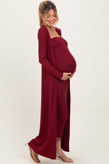 Burgundy Ribbed Sleeveless Dress Cardigan Maternity Set