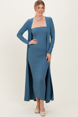 Navy Ribbed Sleeveless Dress Cardigan Maternity Set