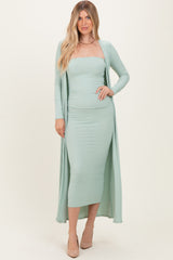 Sage Ribbed Sleeveless Dress Cardigan Maternity Set