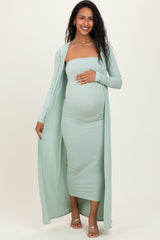 Sage Ribbed Sleeveless Dress Cardigan Maternity Set