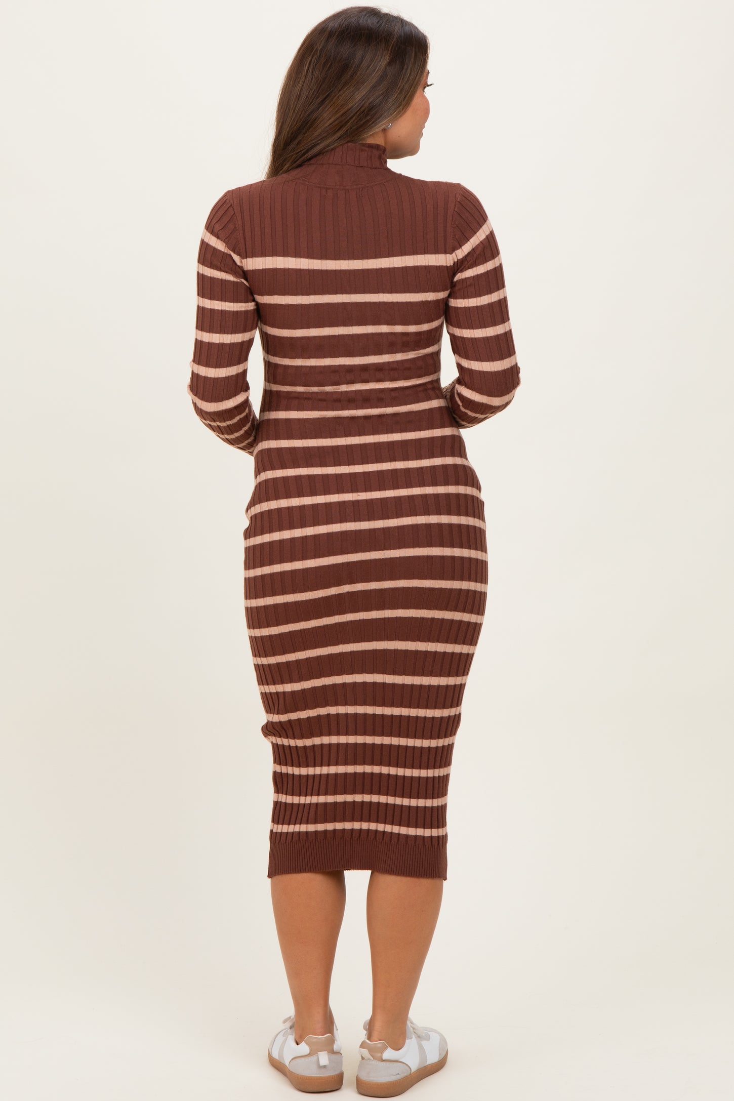 Brown Striped Turtleneck Maternity Midi Sweater Dress