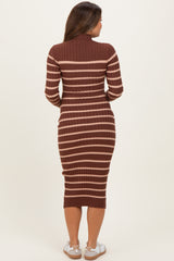 Brown Striped Turtleneck Maternity Midi Sweater Dress