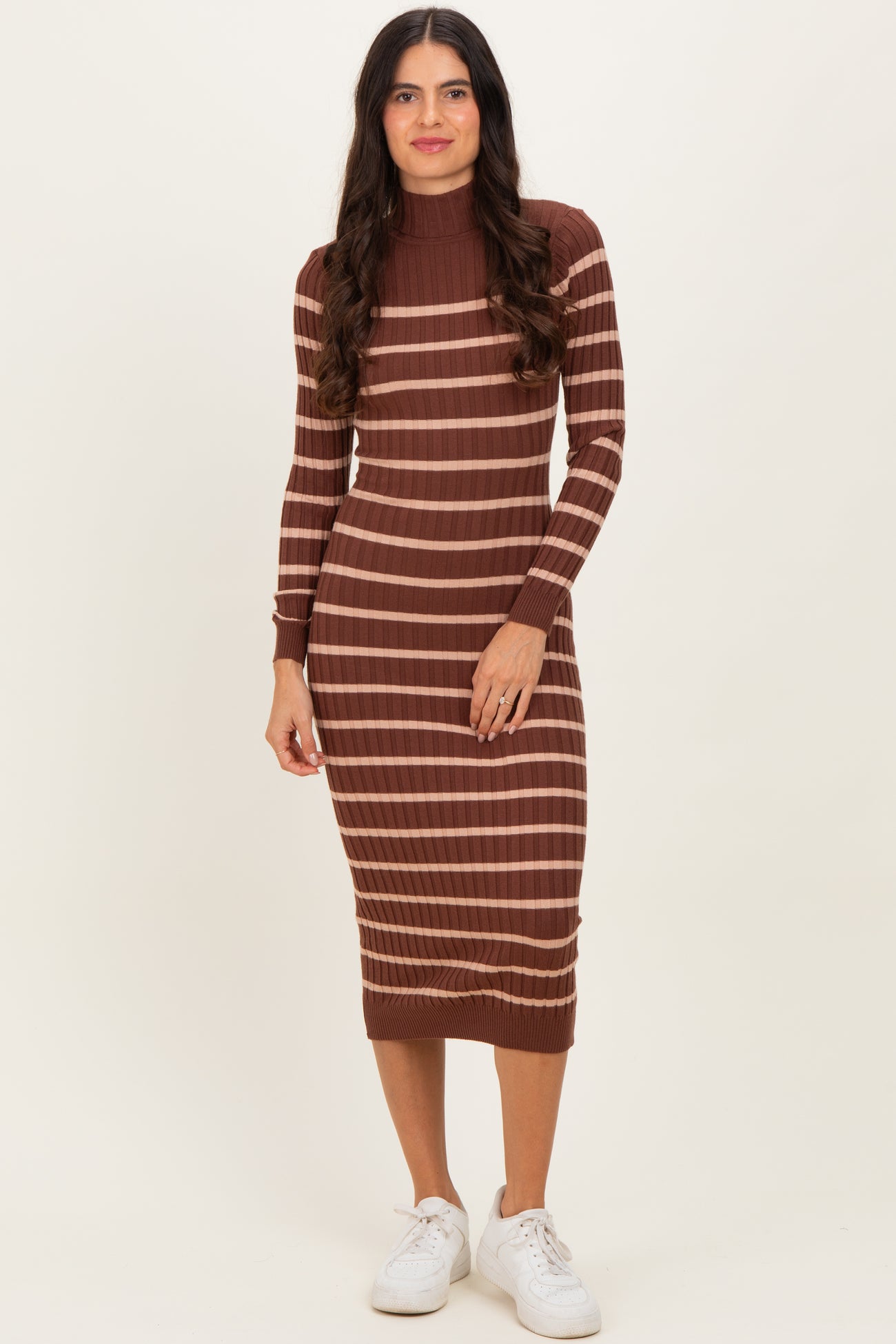 Brown Striped Turtleneck Midi Sweater Dress
