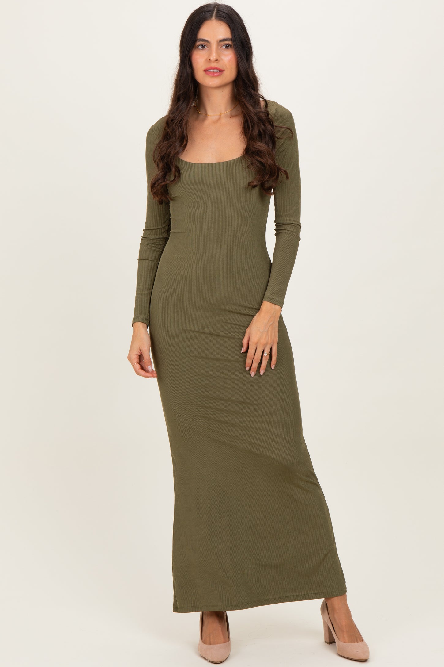 Olive Square Neck Long Sleeve Maternity Maxi Dress