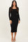 woman wearing a black long sleeve ribbed midi dress with a square neckline and fitted silhouette