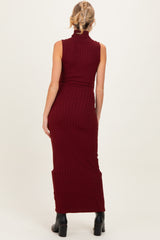 Wine Turtleneck Ribbed Knit Sleeveless Maternity Maxi Dress