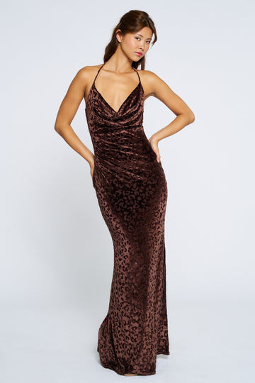 Brown Animal Print Halter Maxi Dress