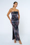 Charcoal Printed Mesh Ruched Sleeveless Maxi Dress
