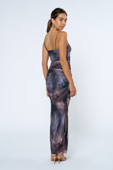 Charcoal Printed Mesh Ruched Sleeveless Maxi Dress