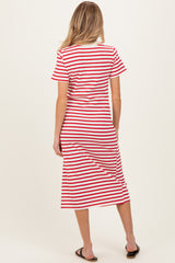 woman wearing a red and white striped short sleeve maternity dress, showing a baby bump from the back