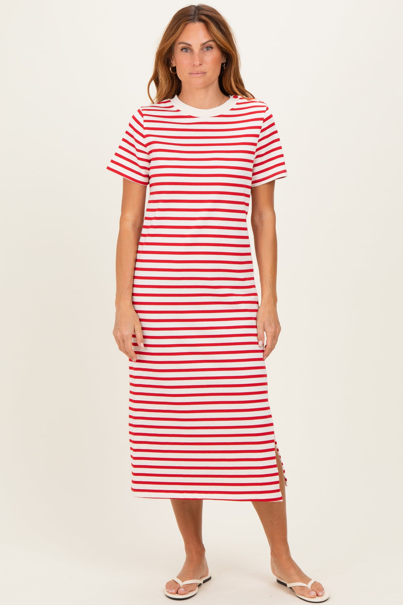 Red Striped Short Sleeve Maternity Midi Dress