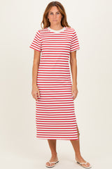 Red Striped Short Sleeve Maternity Midi Dress