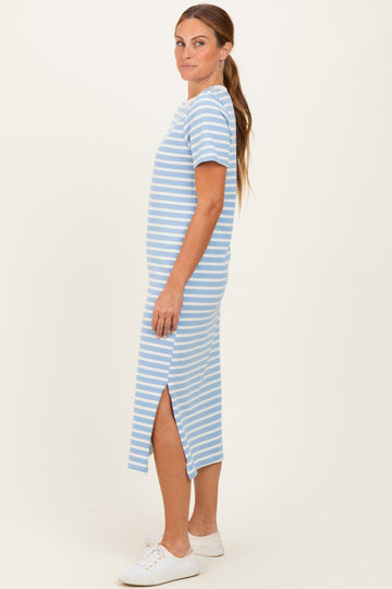 Light Blue Striped Short Sleeve Midi Dress