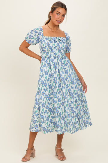 Blue Floral Smocked Ruffle Accent Midi Dress