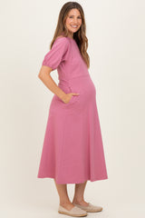 Pink Puff Sleeve Maternity Midi Dress