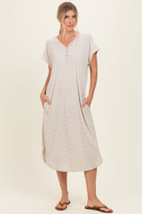 Grey Striped Button Detail Midi Dress